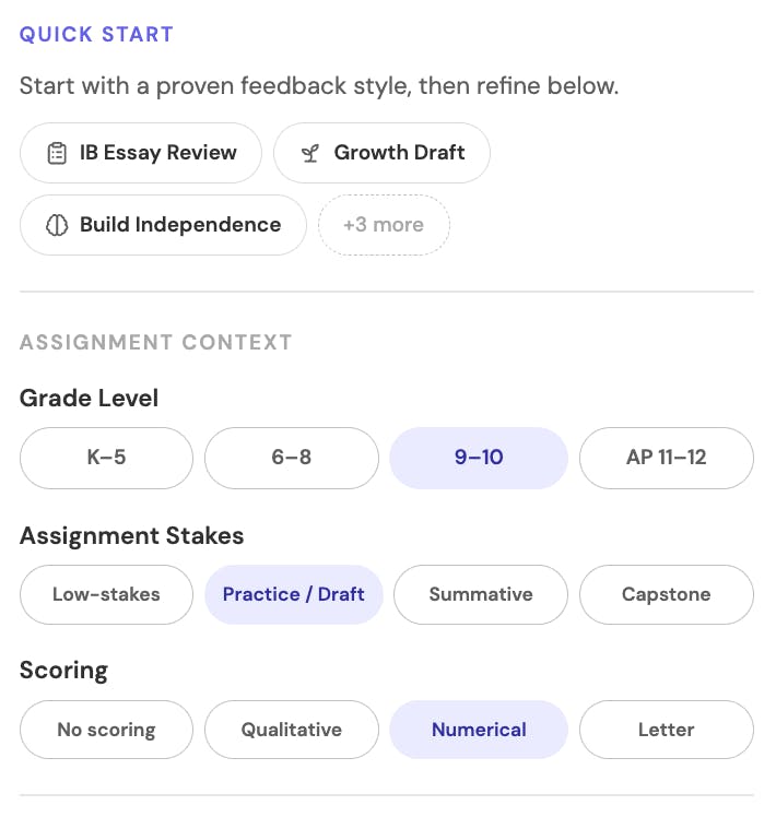 Feedback Template Builder showing Quick Start presets and assignment context choices for grade level, assignment stakes, and scoring.
