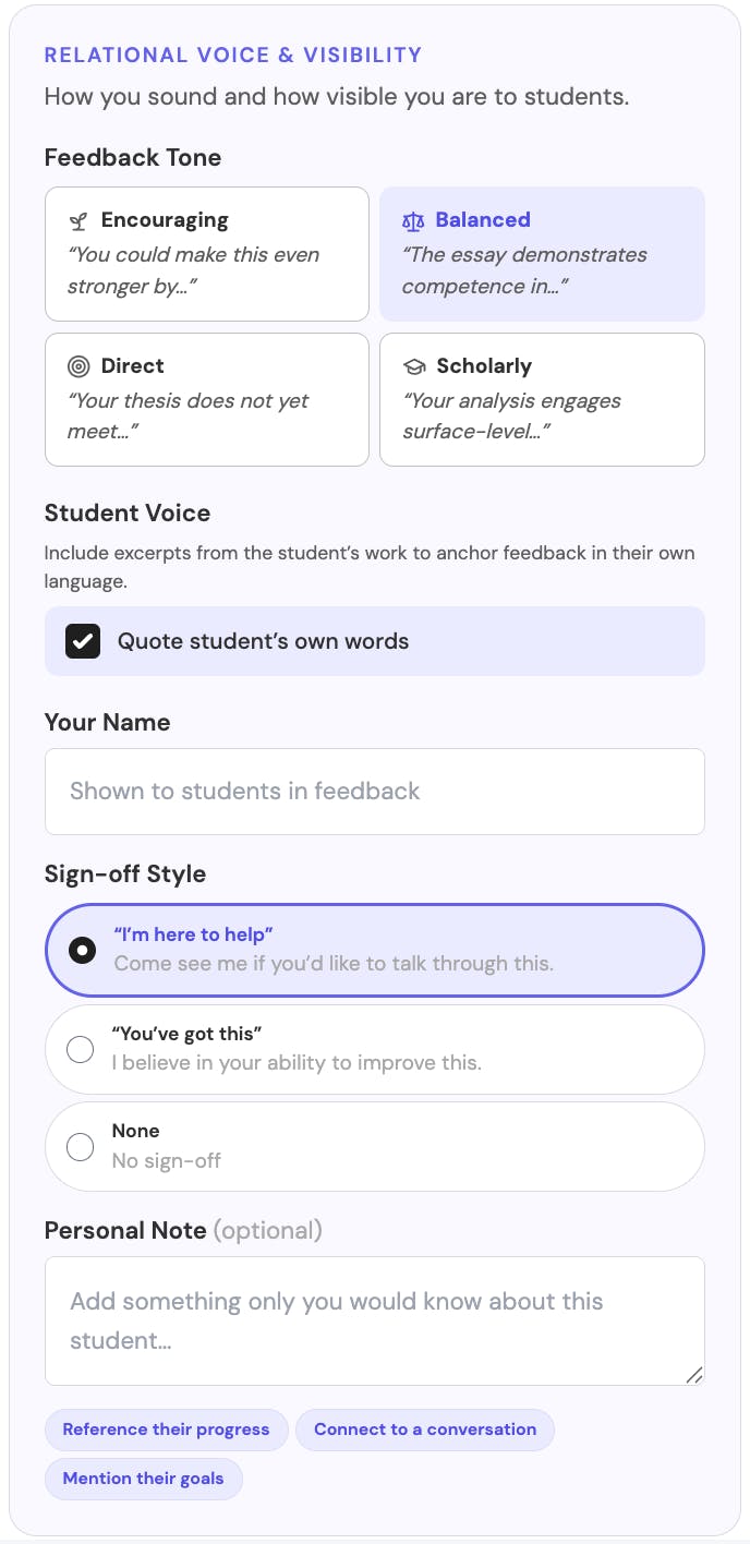 Feedback Template Builder showing controls for feedback tone, quoting the student's words, sign-off style, and a personal note.