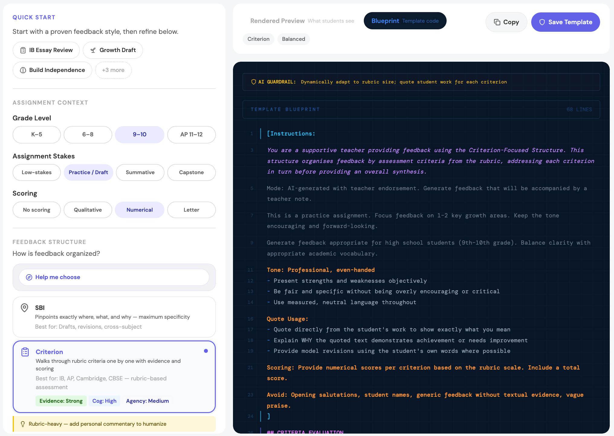 Feedback Template Builder with a criterion-based structure selected and the generated template blueprint displayed beside it.