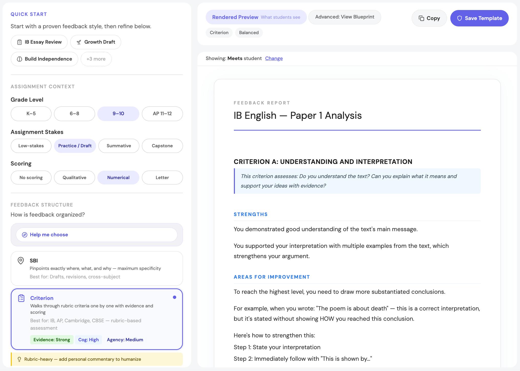 Feedback Template Builder showing a rendered preview of the feedback report students will receive.